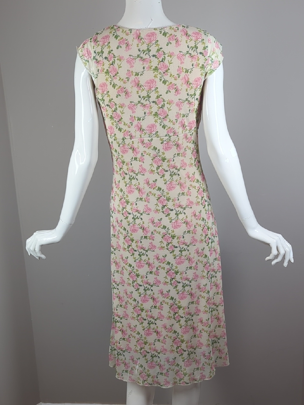 See You Monday Floral V-Neck Midi Dress in Pink and Cream Sheer Stretchy Roses - Picture 6 of 7